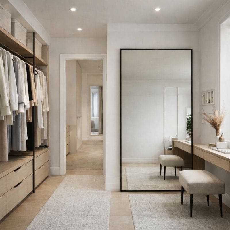 Full length decorative mirror in modern bedroom'