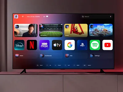 A living room setting featuring a smart television displaying an application menu interface with a streaming remote control in the foreground.